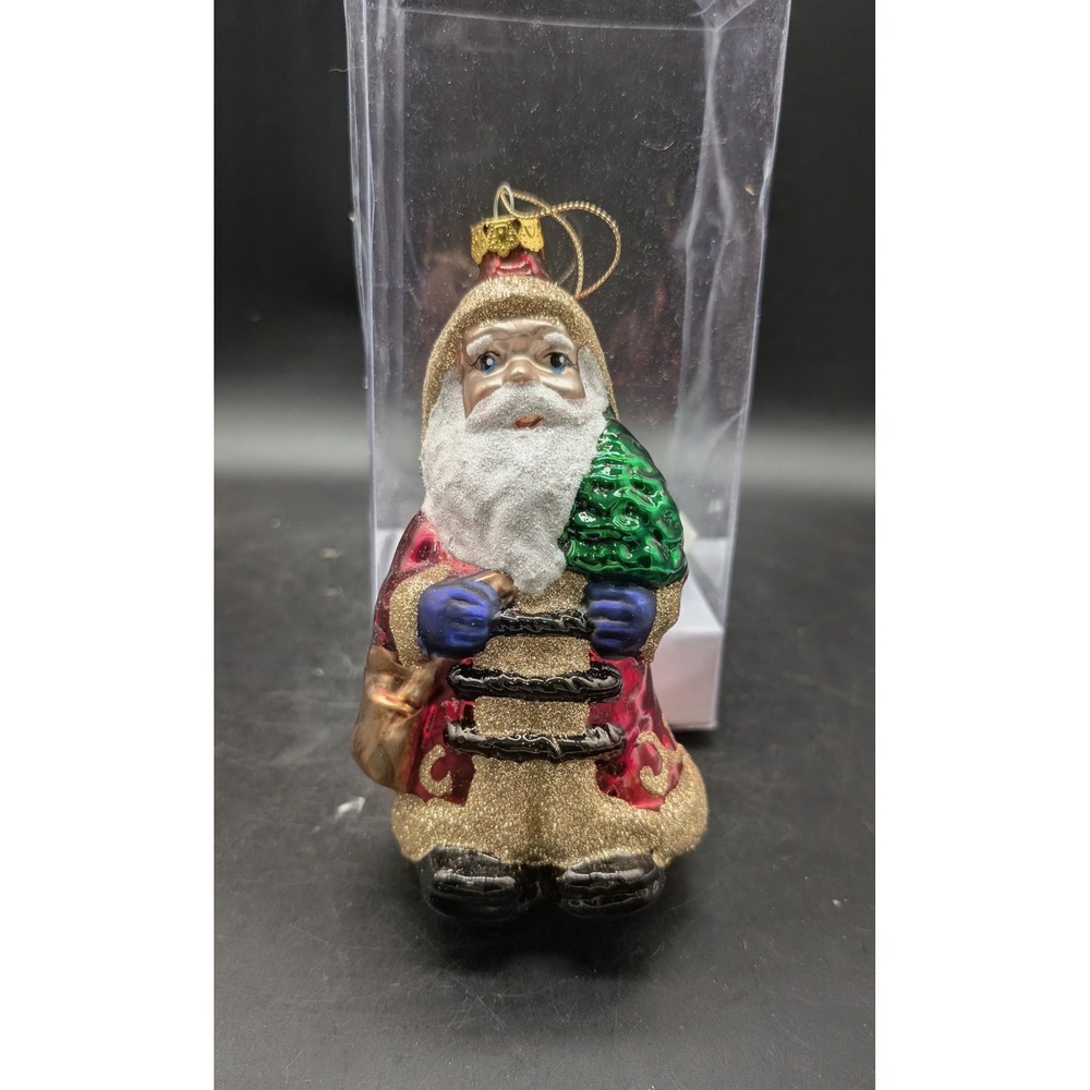 Vintage Style Glass Santa Claus Christmas Ornament Red Gold Glitter Tree 5in
